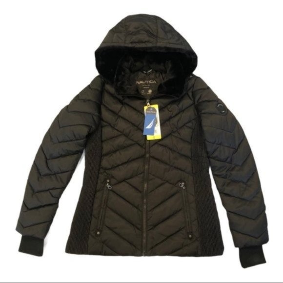 NWT NAUTICA | PUFFER JACKET with Faux Fur Hood - Black - Picture 5 of 5